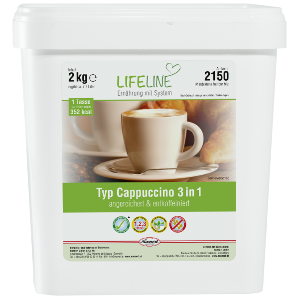LifeLine Typ Cappuccino 3 in 1 angereichert, Vitamine, Mineralstoffe, entkoffeiniert