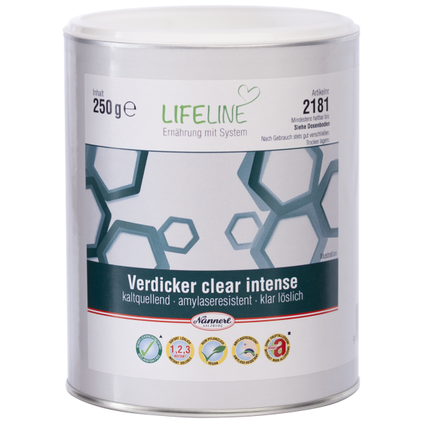LifeLine Verdicker clear intense, rein pflanzlich, kaltquellend, amylaseresistent, klar löslich, hoch konzentriert, kalt und heiß verarbeitbar, IDDSI-geeignet